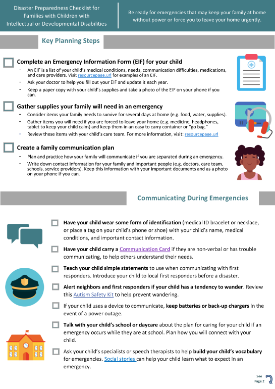 Disaster Preparedness Checklist for Families with Children with Intellectual or Developmental Disabilities